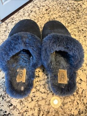 UGG Navy Suede Shearling Slide Slippers